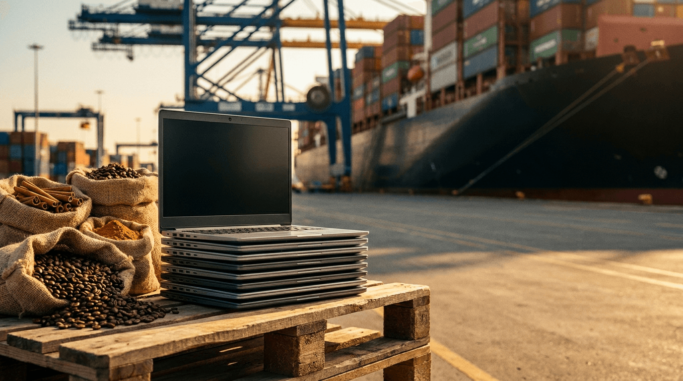 Electronics and agricultural goods staged for export, with a container port in the background